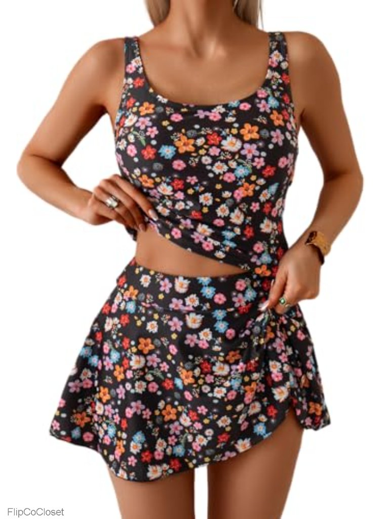 Tankini Swimsuits With High Waisted Swim Skirt, Tummy Control, Full Coverage